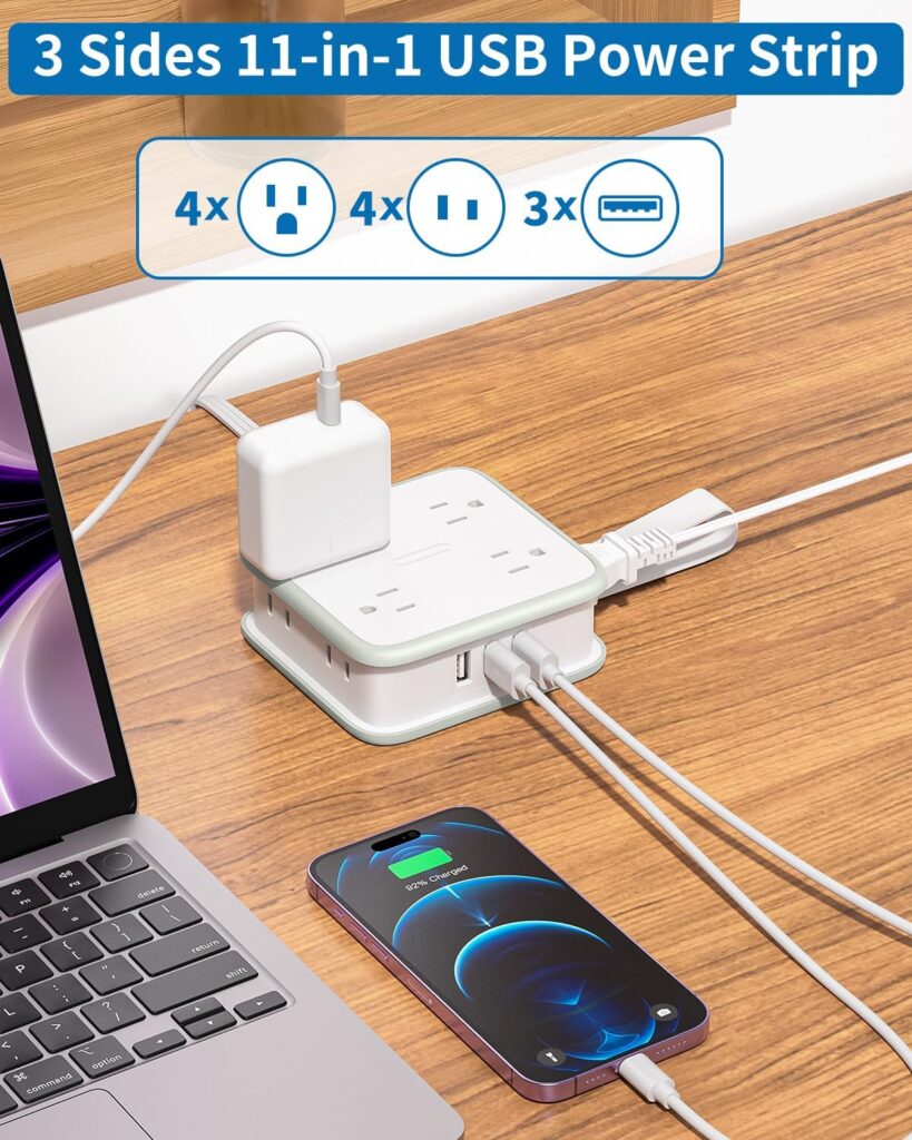 NTONPOWER Flat Extension Cord with 8 Widely Outlets 3 USB Ports