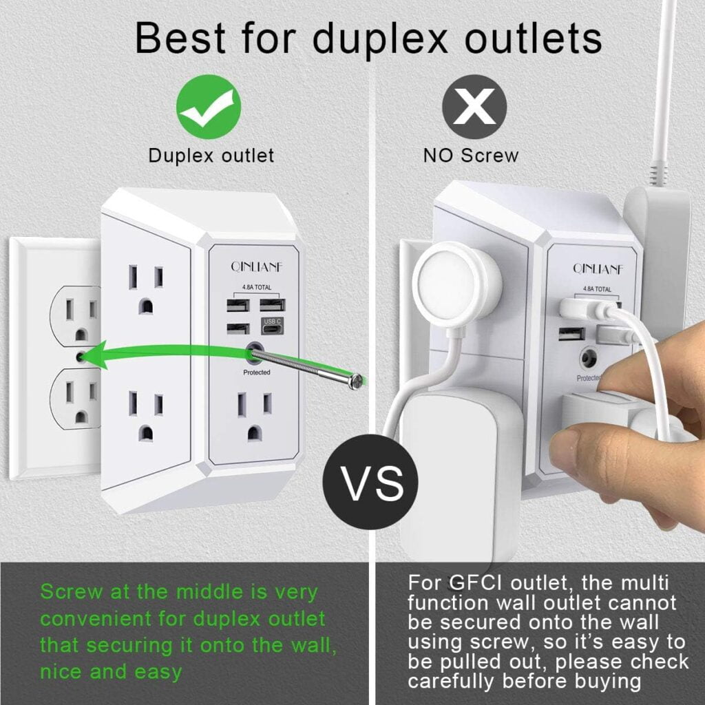 Wall Charger, Surge Protector, QINLIANF 5 Outlet Extender with 4 USB Charging Ports (4.8A Total) 3-Sided