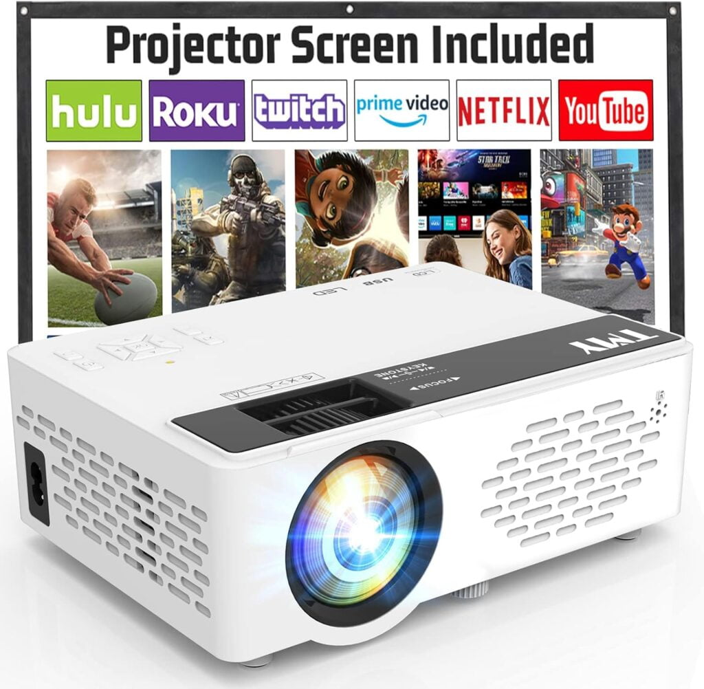 TMY Mini Projector, Upgraded Bluetooth Projector with Screen, 1080P Full HD